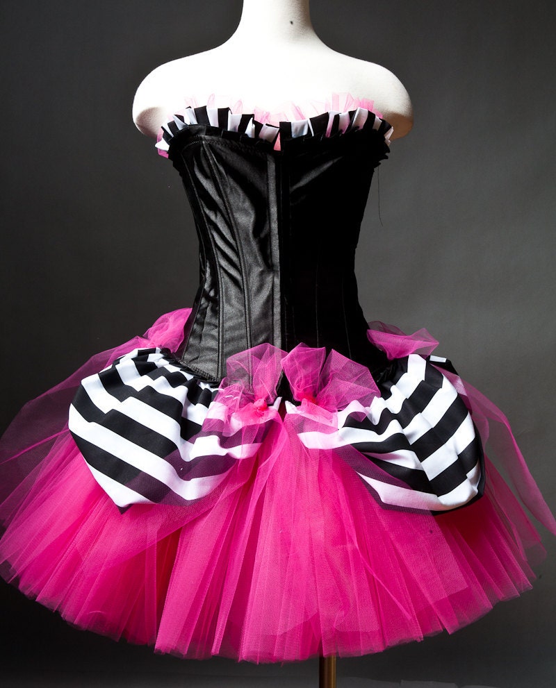Custom size Hot pink black and white striped Burlesque Corset Dress