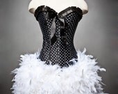 Private listing for Jambrish Custom sizel Black and White Polka Dot Burlesque Feather Corset Dress RUSH ORDER