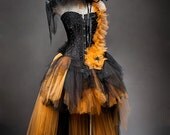 Custom Size Orange and Black Feather Burlesque Corset Witch costume with Hat available in sizes small through 6xl