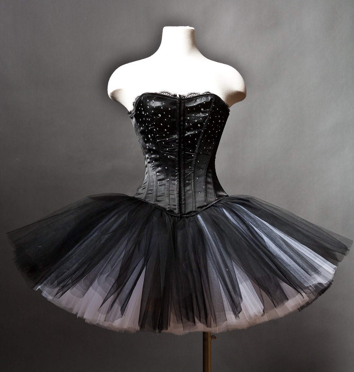 Custom Size Black and White rhinestone tulle Burlesque Corset Prom Dress