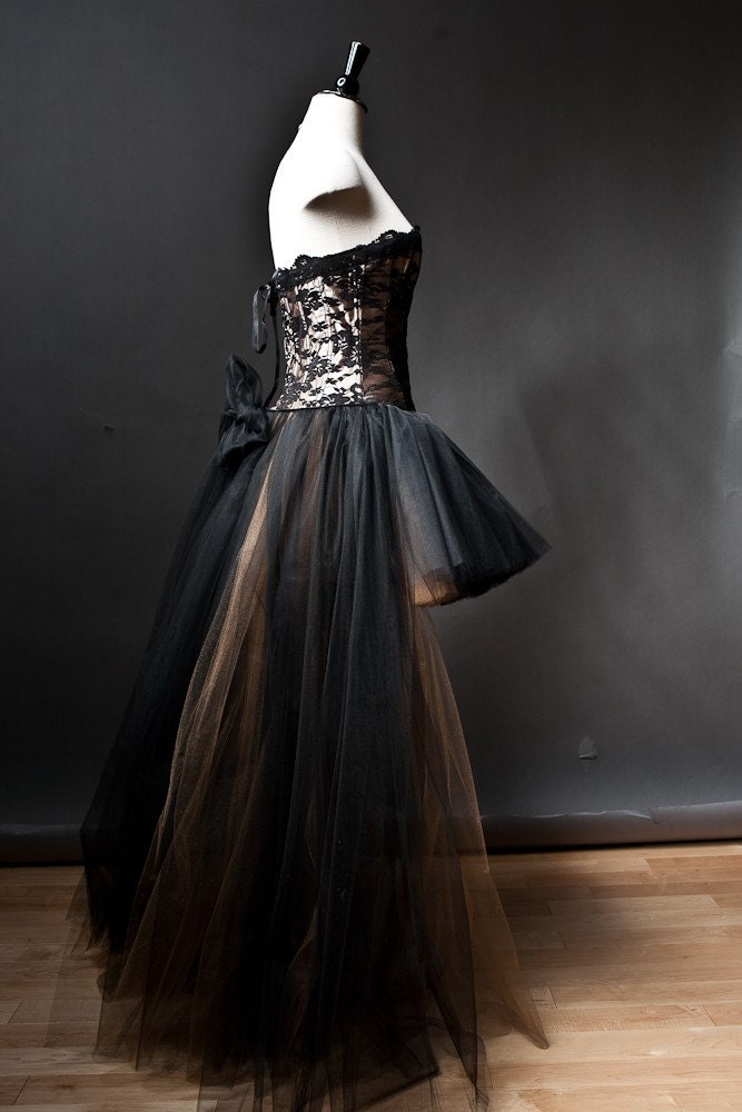 Custom Size Black and Gold lace and tulle Burlesque Corset Dress