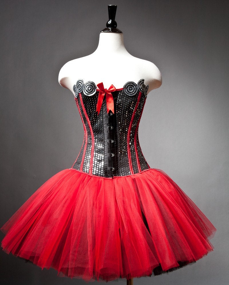 Size Medium sequin red and black burlesque corset prom dress ready to ship