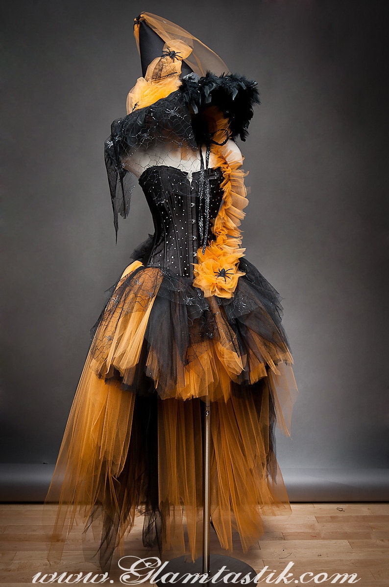 Private listing for heathergarvey Custom Size Orange and Black Feather Burlesque Corset Witch costume with Hat