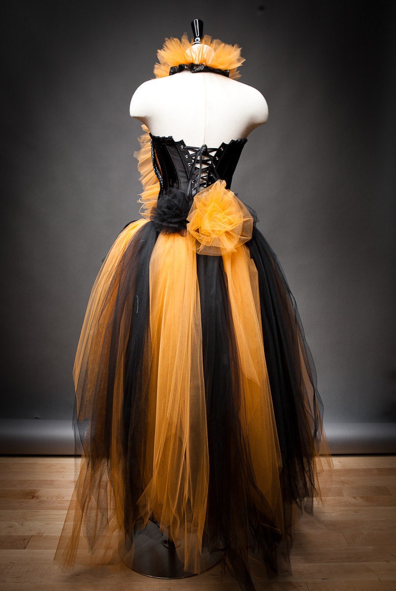 Private listing for heathergarvey Custom Size Orange and Black Feather Burlesque Corset Witch costume with Hat