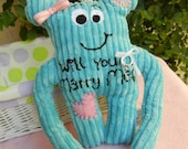 Will You MARRY ME Cookie Nummie Plush Monster in turquoise with hidden message and ring holder