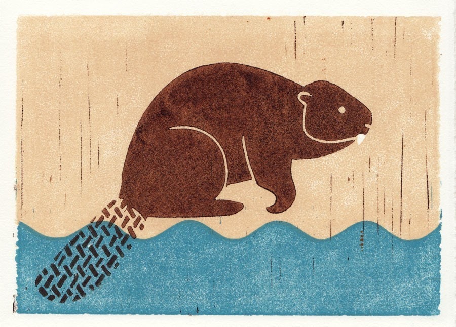 BEAVER loose linocut block print