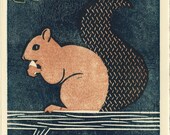 SQUIRREL linocut 5 x 7 wood block art illustration print