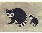 RACCOONS reproduction linocut block print