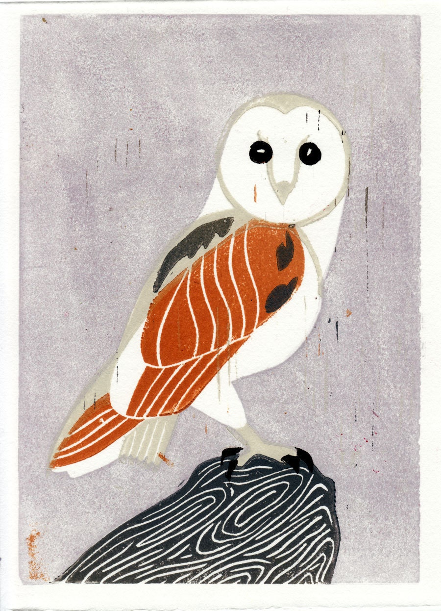 Barn Owl bird hand-pulled linocut art illustration block print, mustard, lavender, lilac, grey, gray, nature, wall decor