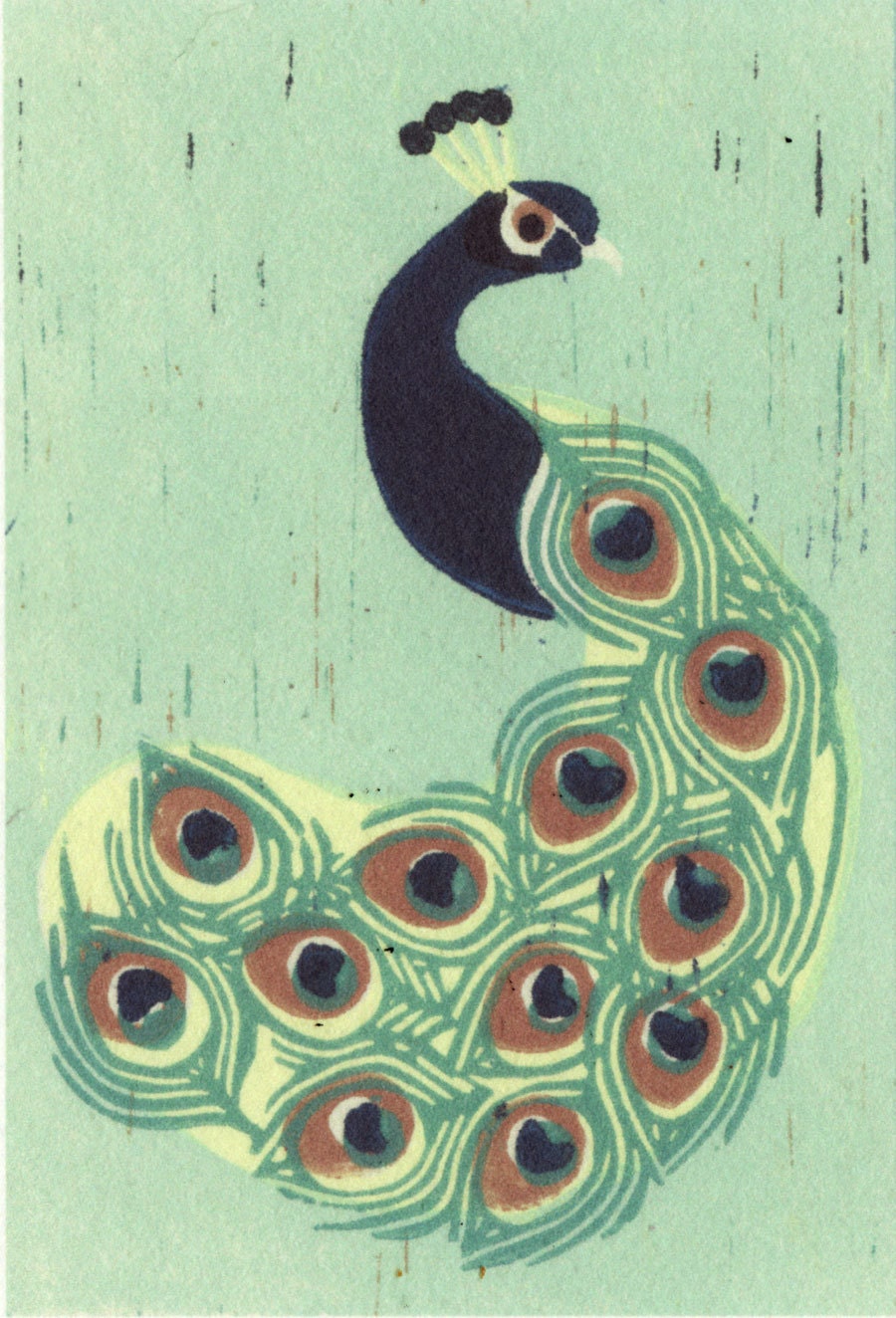 Indian PEACOCK reproduction linocut art print