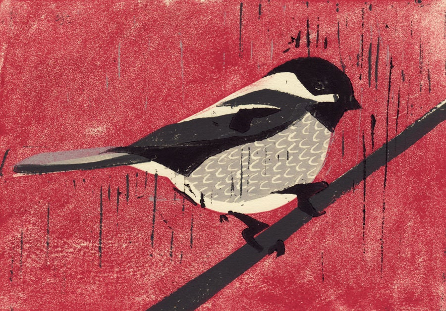Black Capped CHICKADEE hand pulled hand carved linocut art oil paint print, christmas, red, grey, black