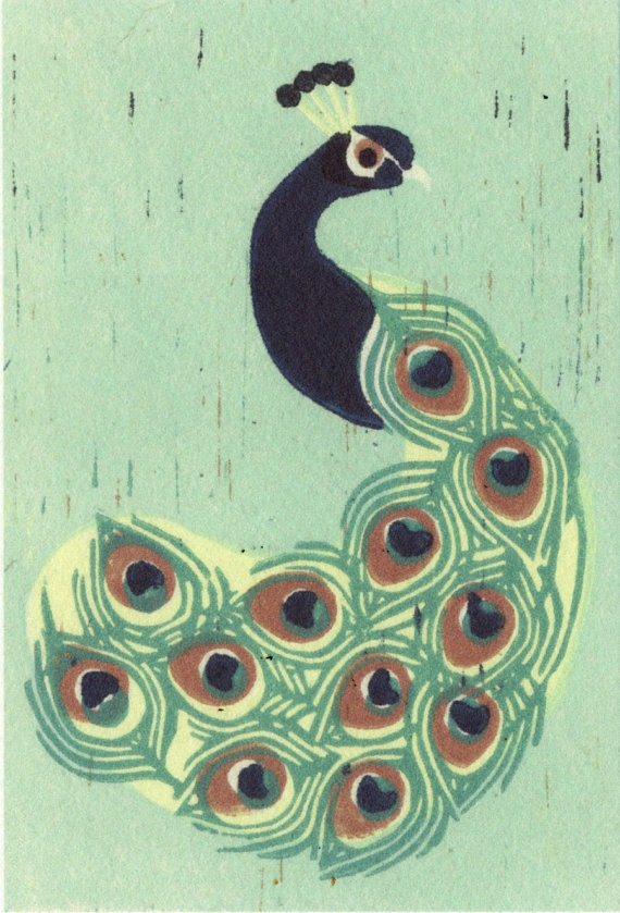 Peacock: 8 x 10 Reproduction Linocut Art Print