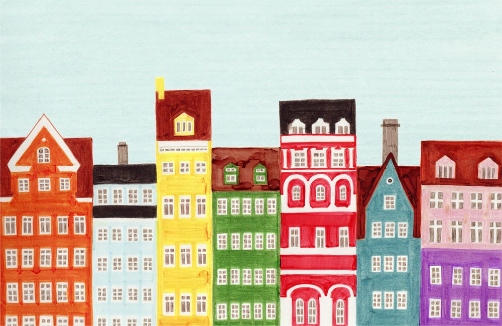 Copenhagen Scandinavian Skyline Design Colorful Illustration Art Print Poster, Nursery, Bright, Rainbow, Bedroom
