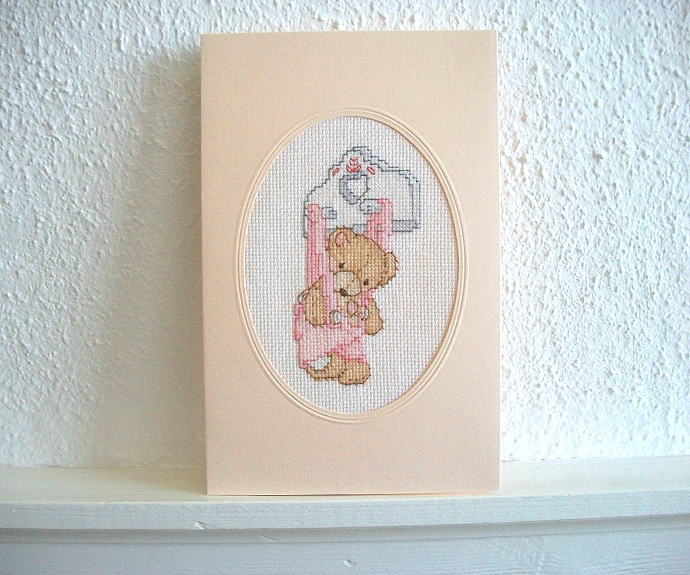 Teddy Bear Card or Nursery Wall Hanging Hand Embroidery Heirloom Quality