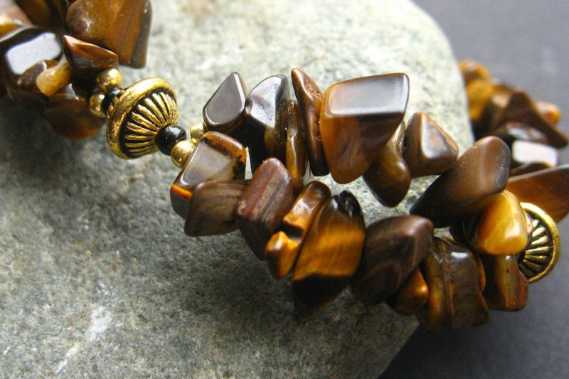 Tigers Eye Cuff Bracelet Beaded in Gemstones and Gold. Handmade Bracelet.