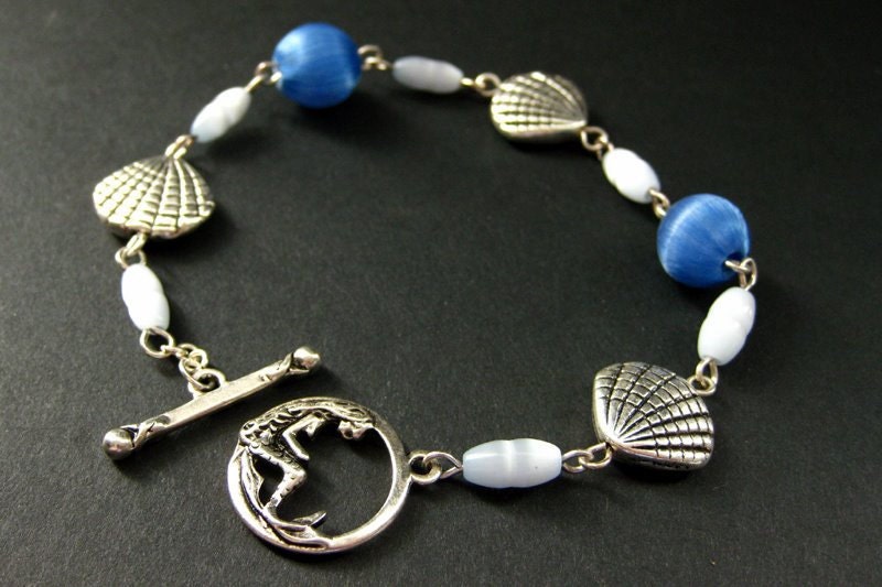 Mermaid Bracelet in Silver with Seashell Beads and Blue Silk. Handmade Bracelet.