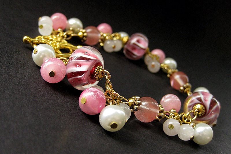 Pink Lampwork Glass Charm Bracelet in Rose Quartz, Cherry Quartz, White Pearl and Gold. Handmade Jewelry by Gilliauna