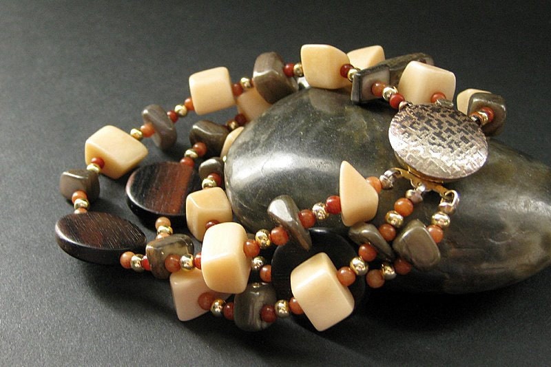 Beaded Wood and Bone Bracelet in Dark Wood and Ivory. Handmade Bracelet.