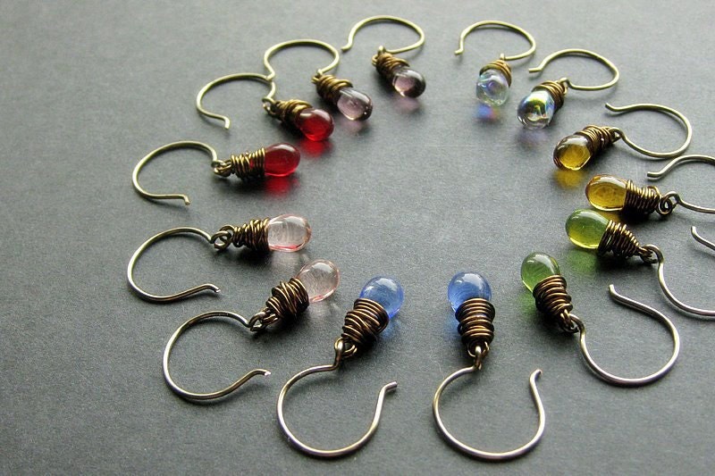 Wire Wrapped Earrings Set. Dangle Earrings. Teardrop Earrings in Clear Glass and Bronze - Set of Seven. Handmade Earrings.