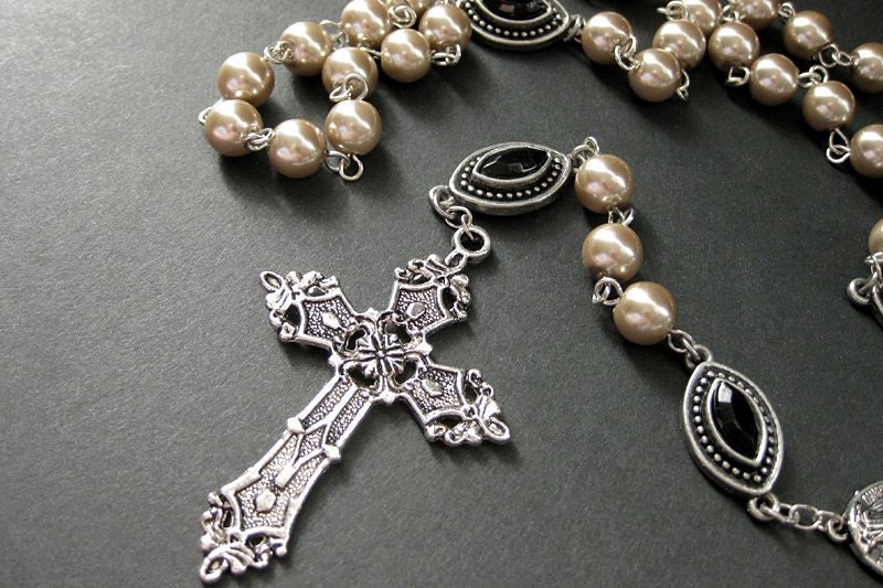 Pearl Rosary Handmade in Taupe with Black and Silver Accents. Handmade Rosary.