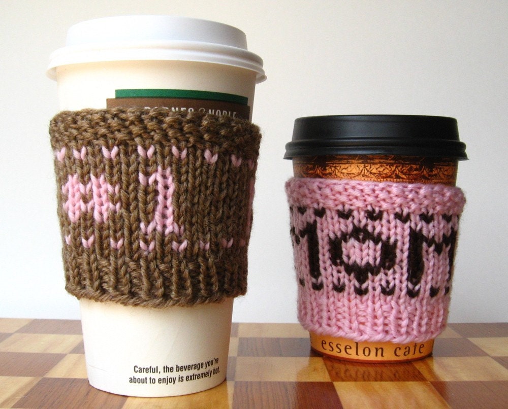 Number one mom - handknit superwash cup cozy - pink on fawn