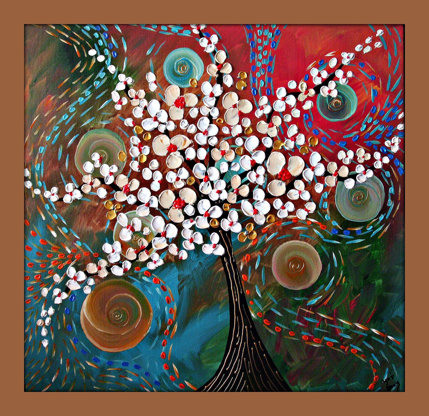 White Flowers Abstract Tree Painting Textured Original Painting on Canvas 24x24 Wall Art Painting Home Decor