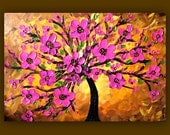 Pink Flower Painting, Pink Tree Painting, Textured Original Painting on Canvas 36x24 Wall Art Painting Home Decor