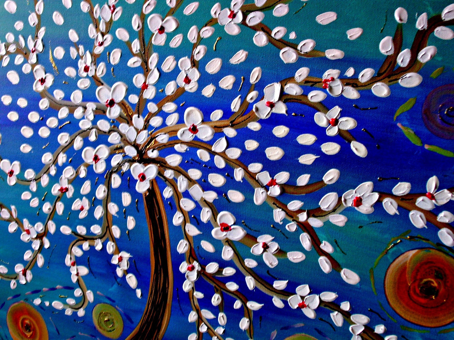Half Price Today Only, Priced as MarkedWhite Tree Painting on Blue and Green Canvas 36x24 Wall Art, Home Decor