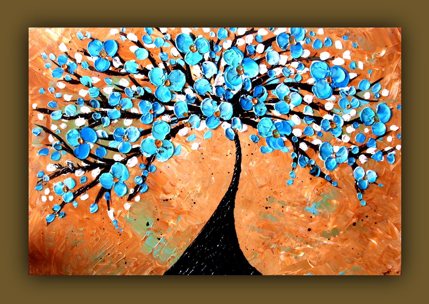 On Sale Blue Tree Painting, Blue Flower Painting, Textured Tan and Blue Wall Art Painting on Canvas 36x24
