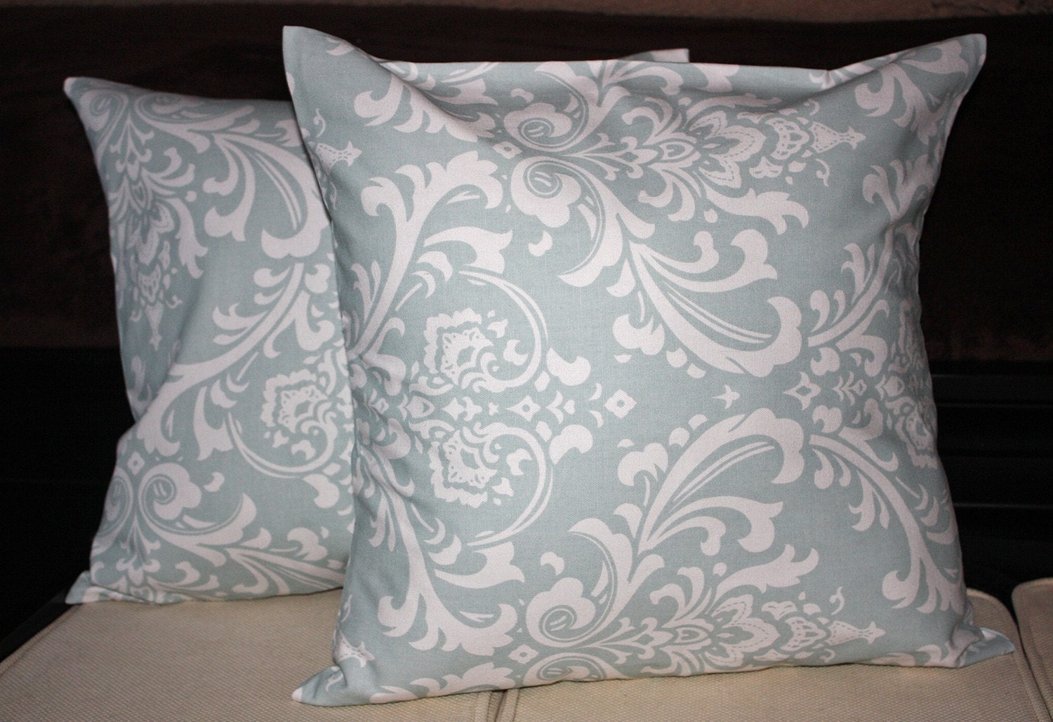 FREE U.S. SHIPPING Set of Two 26x26 inch Designer Pillow Covers - Robin's Egg Blue and White Damask.