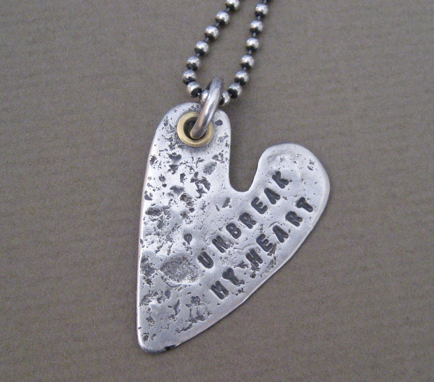 Handmade Sterling Silver Heart Pendant Brass Rivet Custom artisan organic texture can be personalized hand stamped Jewelry Necklace Pendant