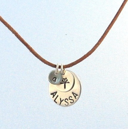 Personalized Sterling Silver Initial Necklace, hand stamped name, 3 charms, jewelry art, custom, ID tags, tokens stamp, letter family gift hindu peace sign symbol tiny small medium Leather Cord, Silk Tie or Sterling Silver Chain  FREE SHIPPING