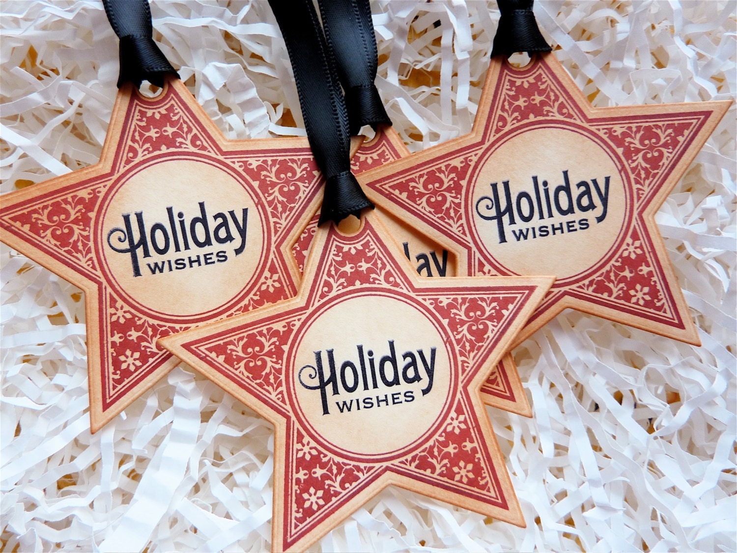 Holiday Wishes Star Christmas Luxury Tags Labels Vintage Style Set Of Five