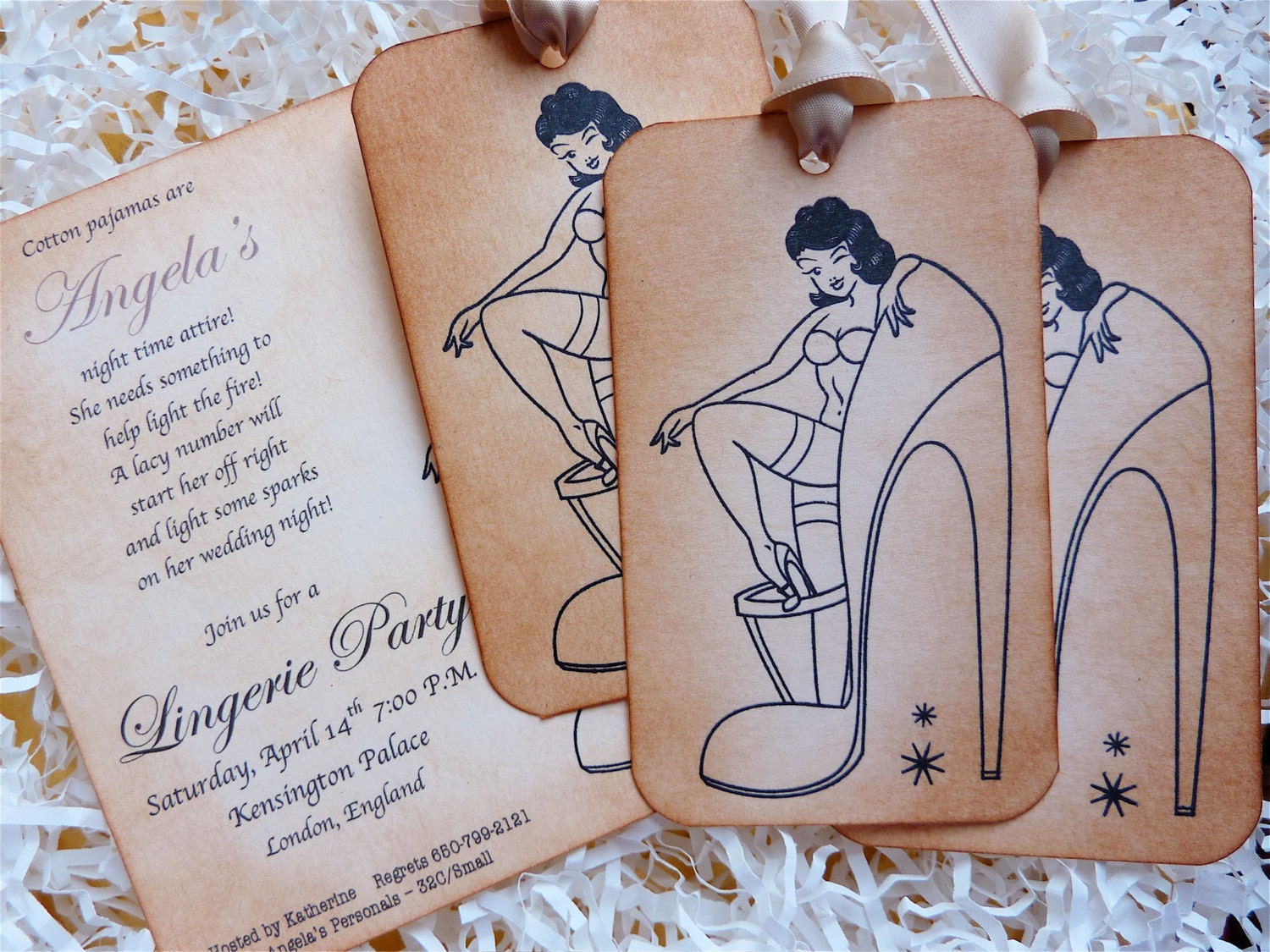 Vintage Lingerie Shower Bachelorette Party Pin Up Girl Invitation/Favor Tags Party Bundle 10 Each