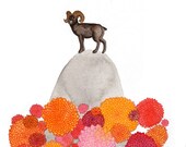 The Dahlias And The Mountain Goat - 5x7 Watercolor Print
