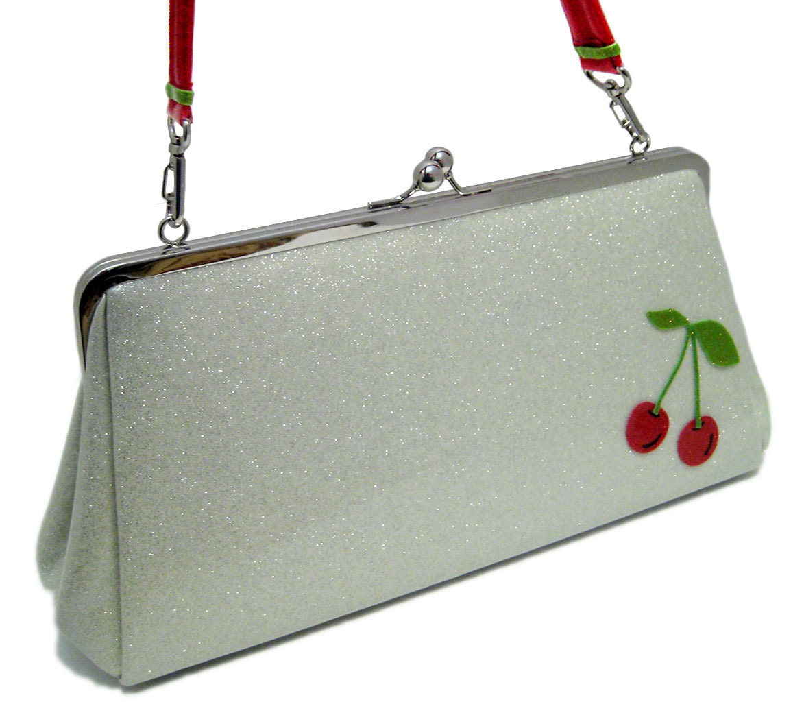 Sparkle Vinyl Purse - White with Cherries Metal Flake Glitter Vinyl Retro Handbag