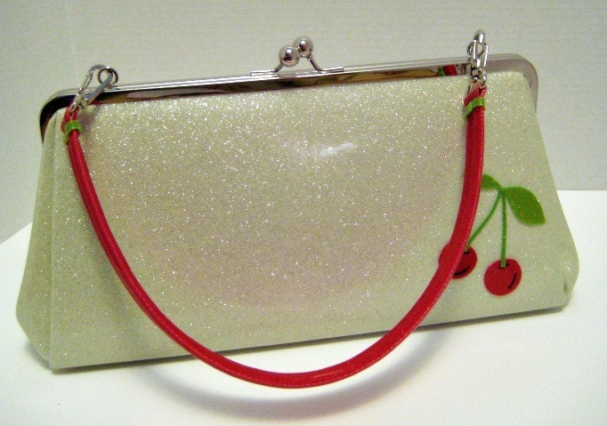 Sparkle Vinyl Purse - White with Cherries Metal Flake Glitter Vinyl Retro Handbag