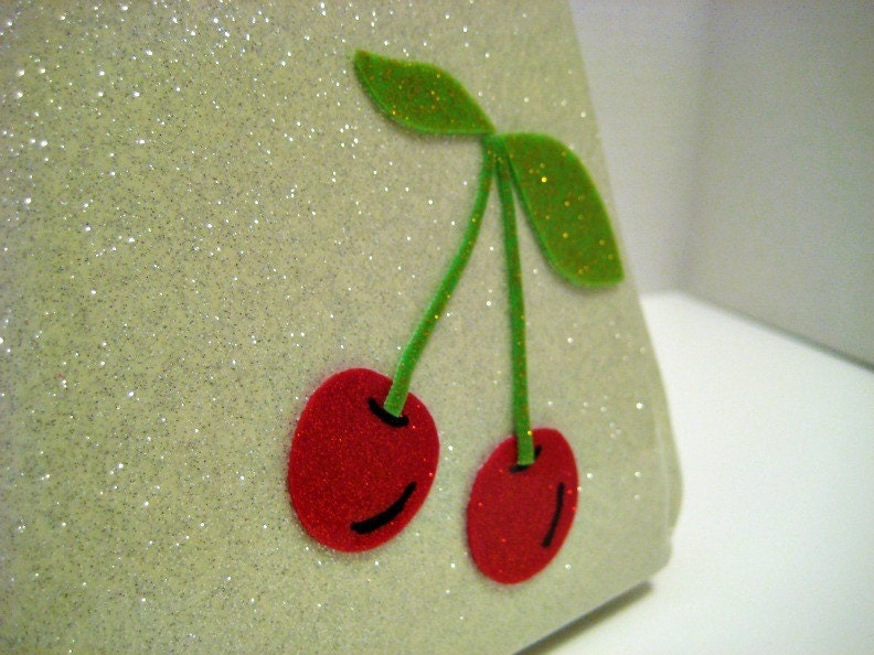 Sparkle Vinyl Purse - White with Cherries Metal Flake Glitter Vinyl Retro Handbag