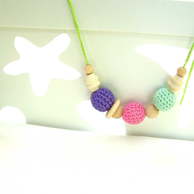 Nursing necklace/ teething toy for baby  - Breastfeeding Babywearing Mother. ecofriendly cotton Crochet  pink purple mint