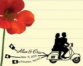 Personalized Custom Rubber stamp: We are in love (Couple silhouettes on scooter design). Custom Rubber Address Stamp, Wedding Stamp (2100)