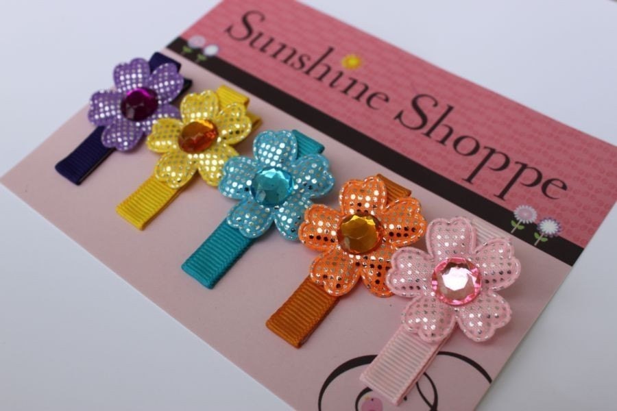 Boutique Style Baby Toddler Lined Alligator Clip Set - Shiny Flower I Collection