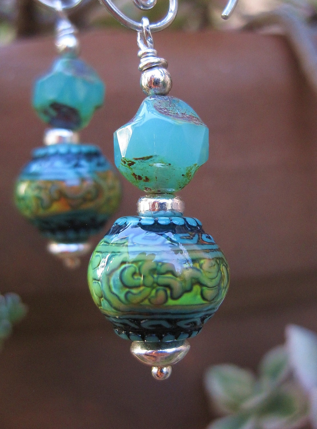 Mystery Mood Earrings -- Turquoise Mood Beads, Aqua Czech Glass Nuggets, Sterling Accents & Handmade Sterling Hoops