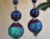 Midnight MOOD Earrings - Color-Changing Mood Beads w Blue Goldstone, Sterling Accents, Antique Cut Steel Beads Artisan-Made Sterling Hoops