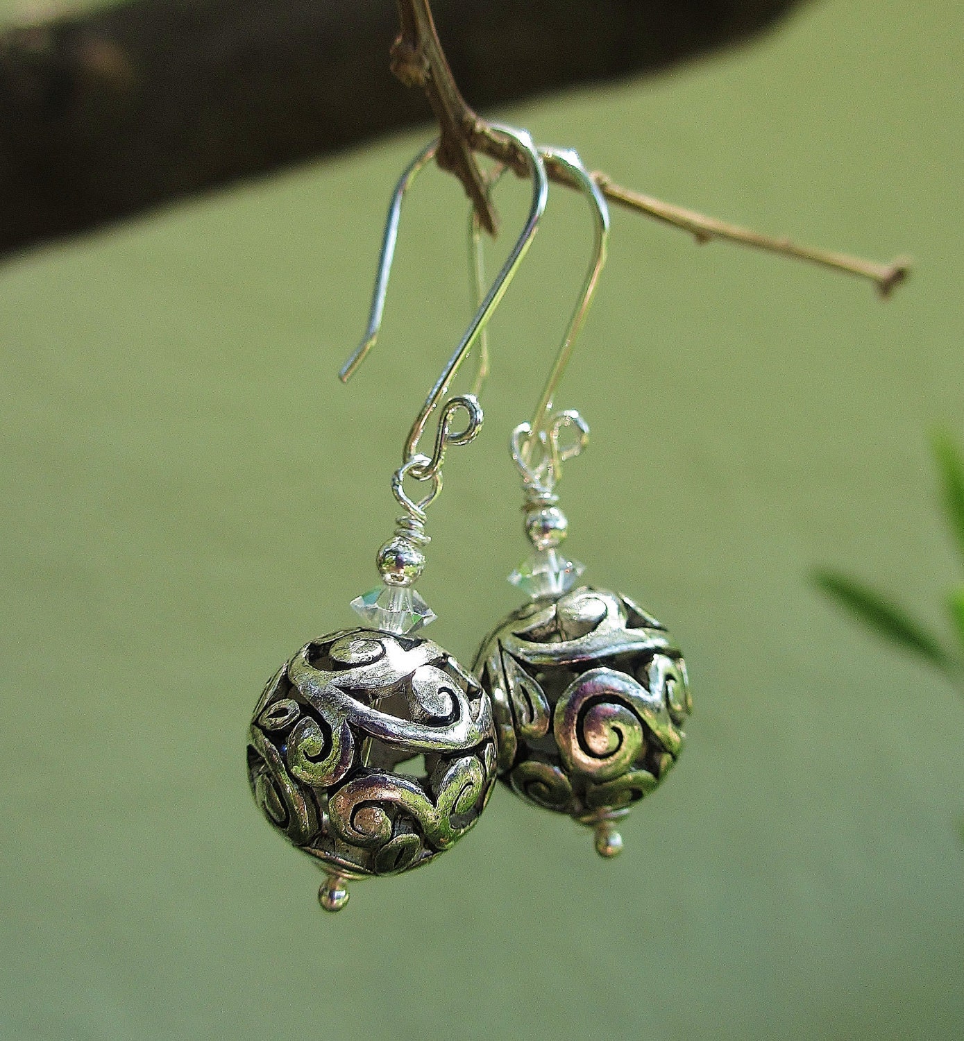 Fruits of the Vine Earrings -- Gorgeous Luxe Silver Filigree Balls, Vintage Crystals, Sterling Accents & Handcrafted Sterling Ear Wires