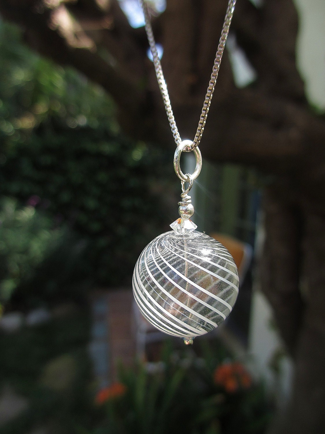 White Stripes Necklace -- Venetian-Style Glass, Swarovski & Czech Crystals on Sterling Box Chain // Hurricane Relief