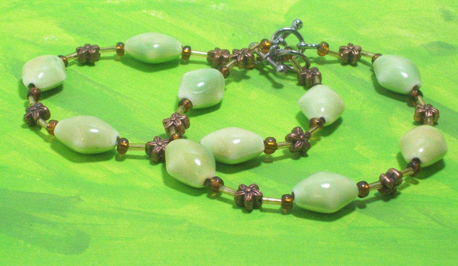 Irish Bracelet Set Lime Green and Copper Beaded Medium
