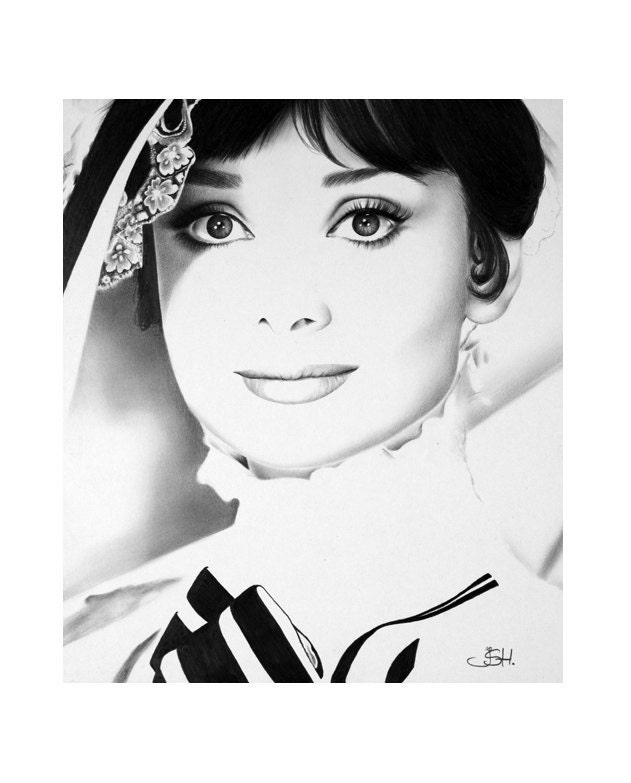 Audrey Hepburn Pencil Drawing Portrait Classic Hollywood Vintage Glamour Beauty My Fair Lady Fine Art Print Hand Signed