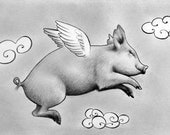 Flying Pig Pencil Drawing Nursery Children's Illustration Print Hand Signed