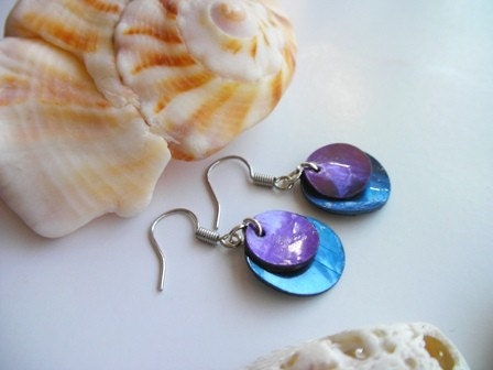 Round Seashell Dangle Earrings - Blue Purple Circle Sea Shell Earrings, Blue Seashell Earrings, Purple Seashell Earrings, Sea Shell Earrings