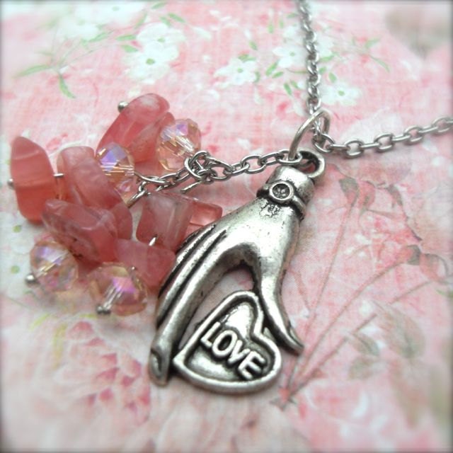 Pink Gemstone Necklace Rhodochrosite Chips and Love Heart in Hand Charm